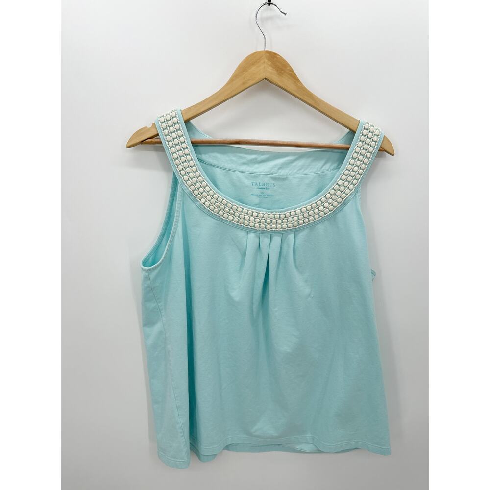 Talbots Women Baby Blue Beaded Scoop Neck Tank Top Cotton Coastal Size XL